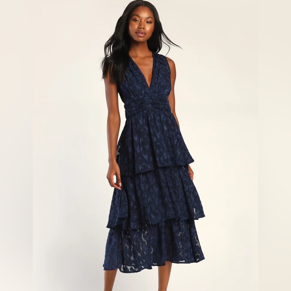 Navy Blue Sleeveless Halter Tiered Midi Dress for Wedding Guest